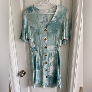 Tie dye blue and white dress with flutter sleeves